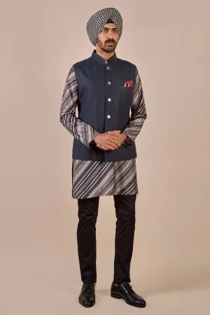 Midnight Blue Tonal Chevron Nehru Jacket
