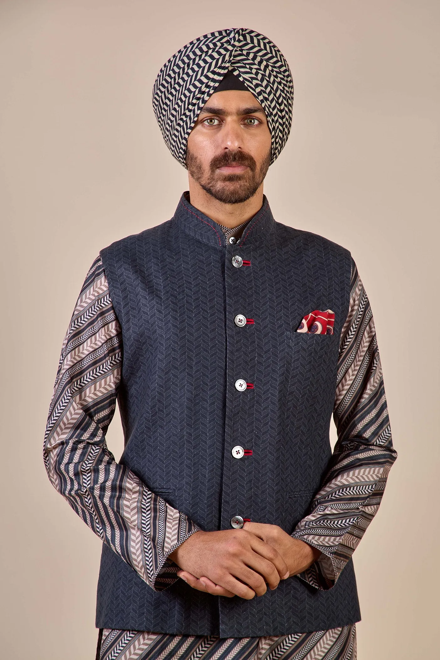Midnight Blue Tonal Chevron Nehru Jacket