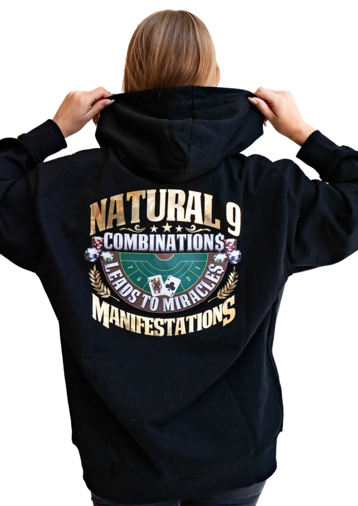 ‘Natural 9 Combinations’ Casino Embroidered Affirmation  Hoodie - Black