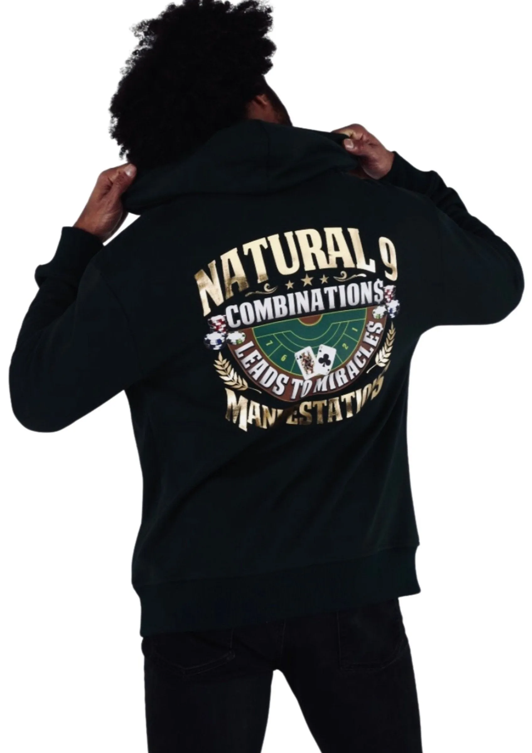 ‘Natural 9 Combinations’ Casino Embroidered Affirmation  Hoodie - Black