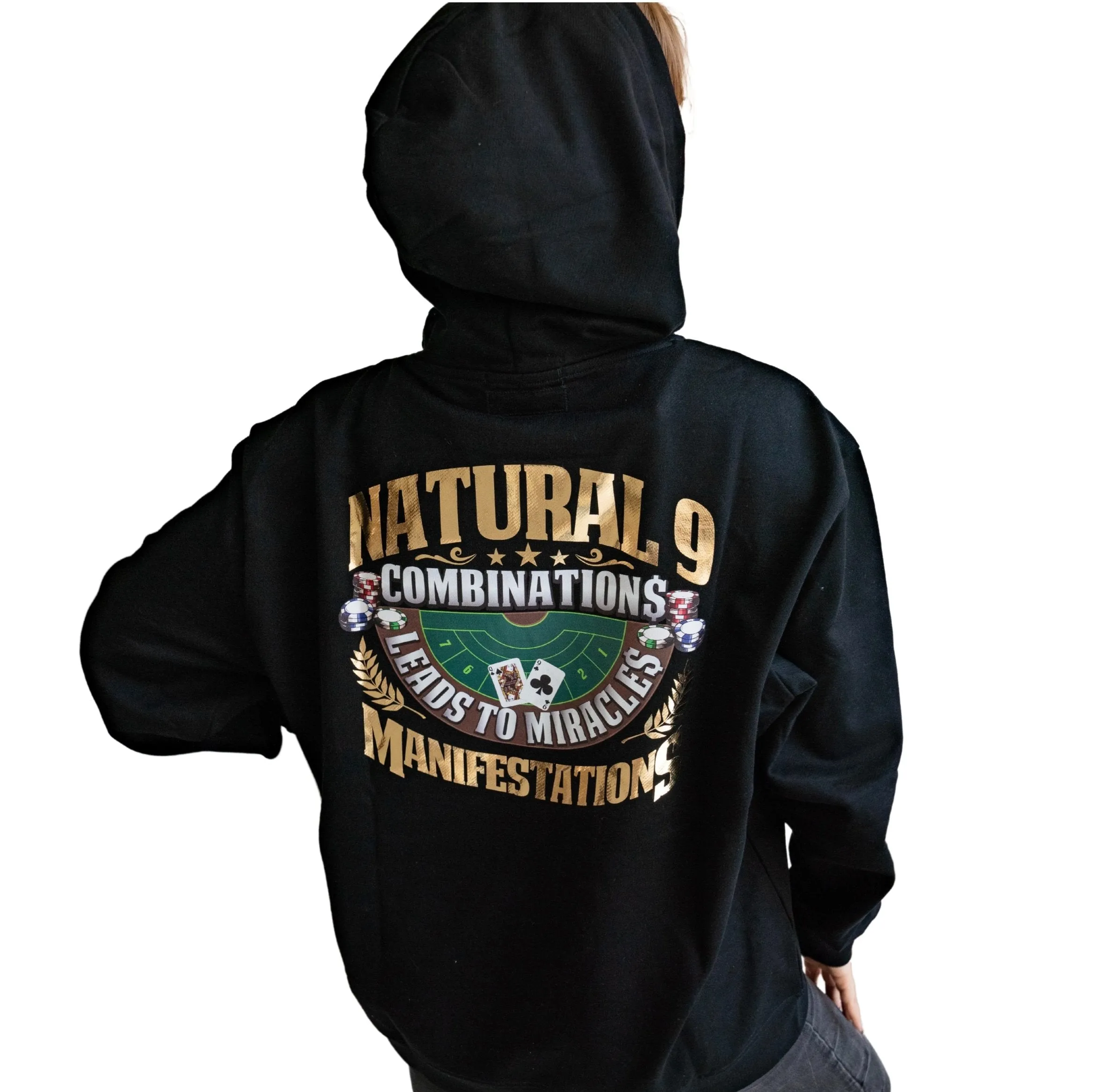 ‘Natural 9 Combinations’ Casino Embroidered Affirmation  Hoodie - Black