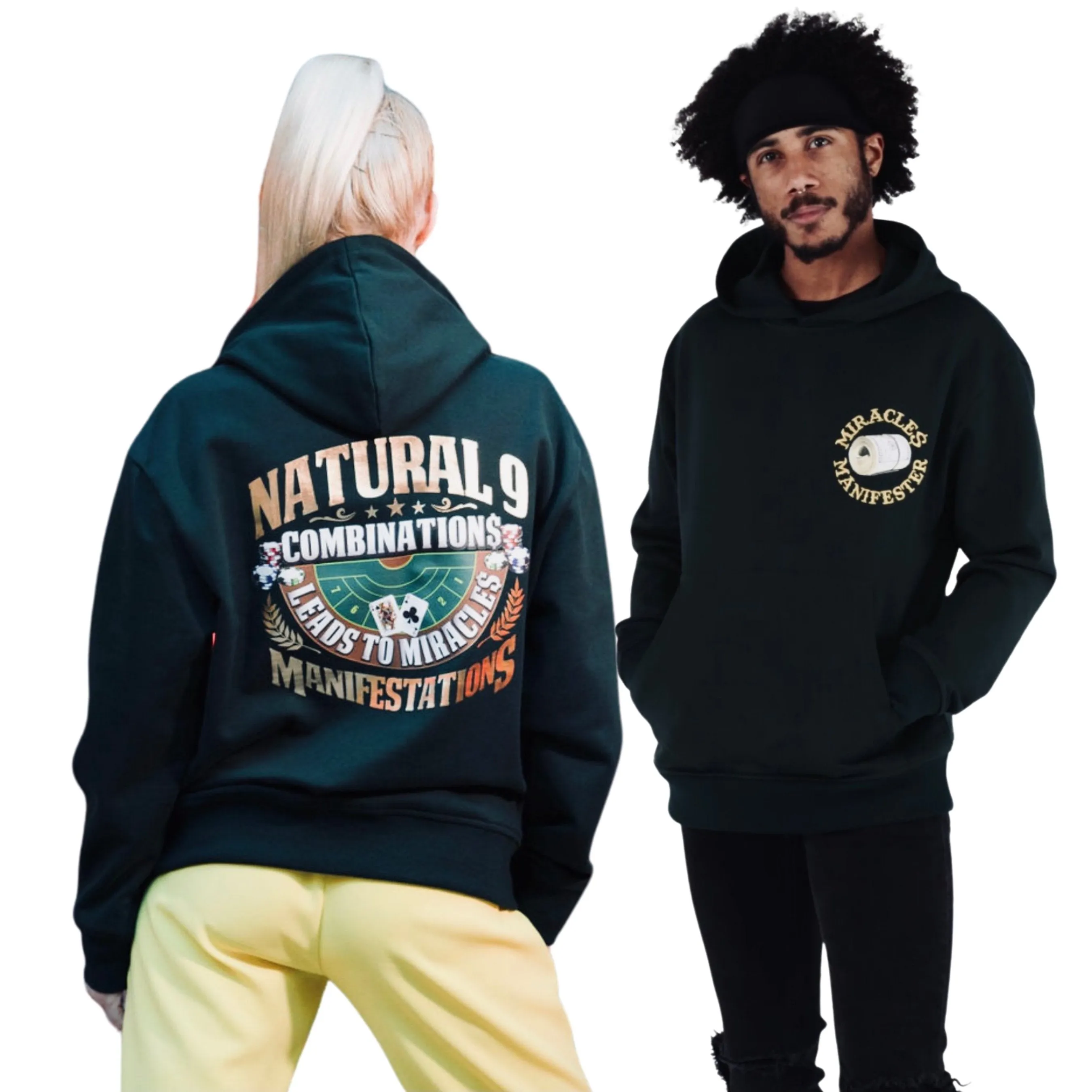 ‘Natural 9 Combinations’ Casino Embroidered Affirmation  Hoodie - Black