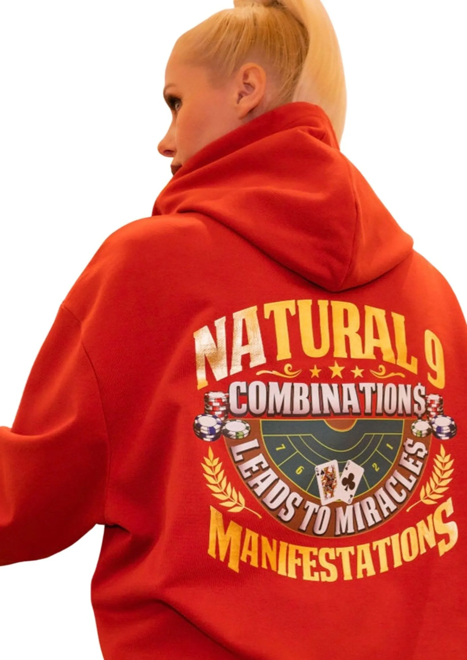 ‘Natural 9 Combinations’ Casino Embroidered Affirmation  Hoodie - Red
