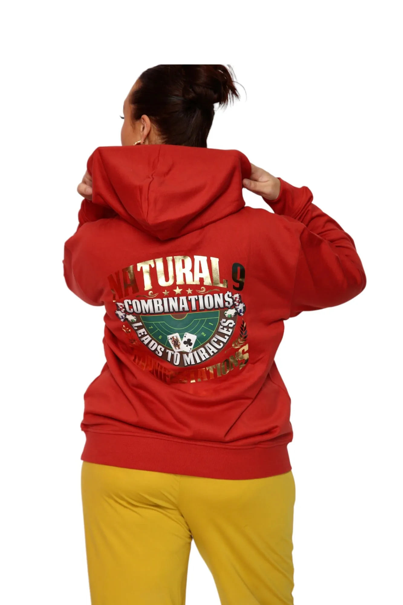 ‘Natural 9 Combinations’ Casino Embroidered Affirmation  Hoodie - Red
