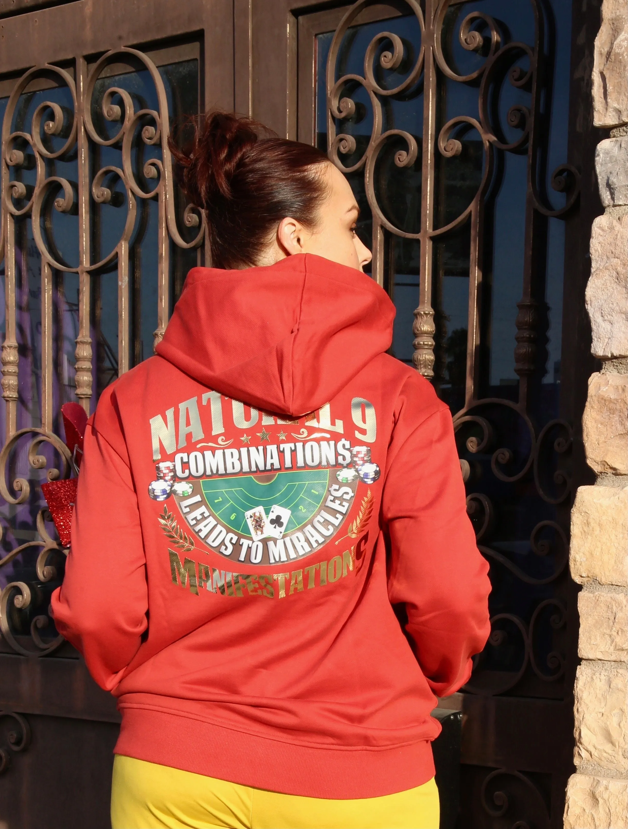 ‘Natural 9 Combinations’ Casino Embroidered Affirmation  Hoodie - Red
