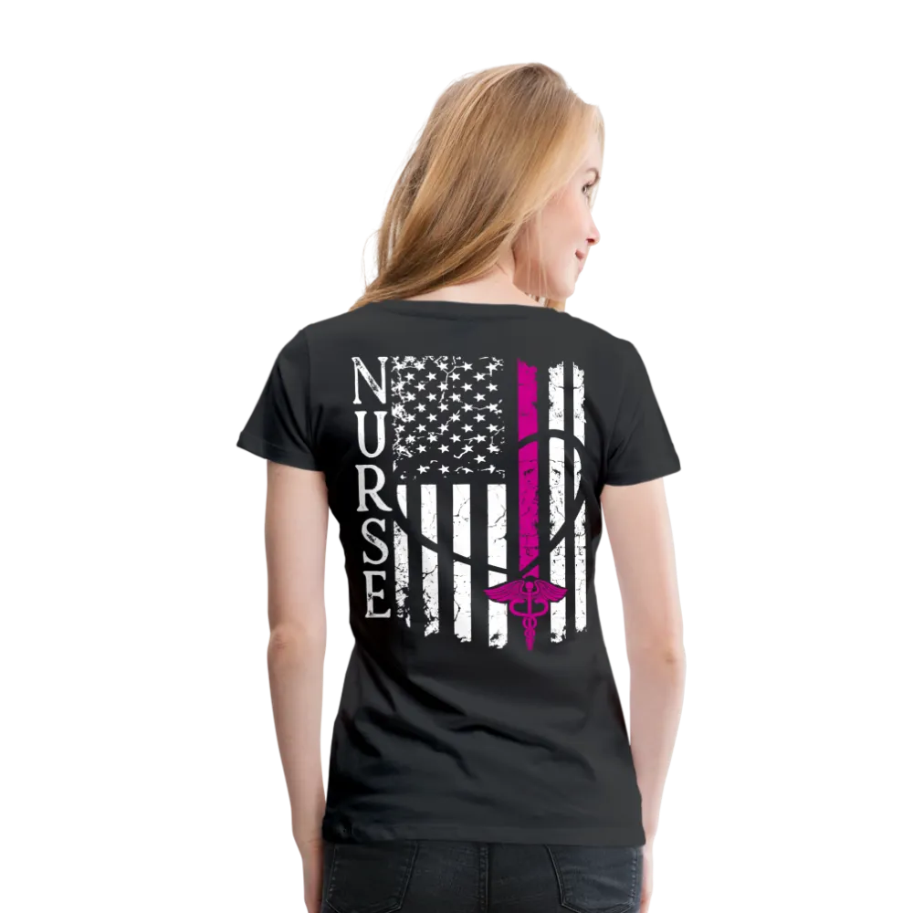 Nurse Flag Back RN and American Flag on Sleeve Women’s Premium T-Shirt