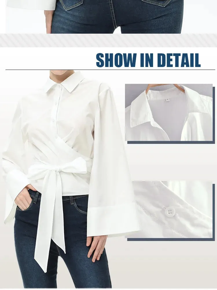 Obsidian Phoenix Long Sleeve Kimono Blouse - Bow Tie, Polo Neck, Double-Breasted Poplin Shirt with Front Buttons