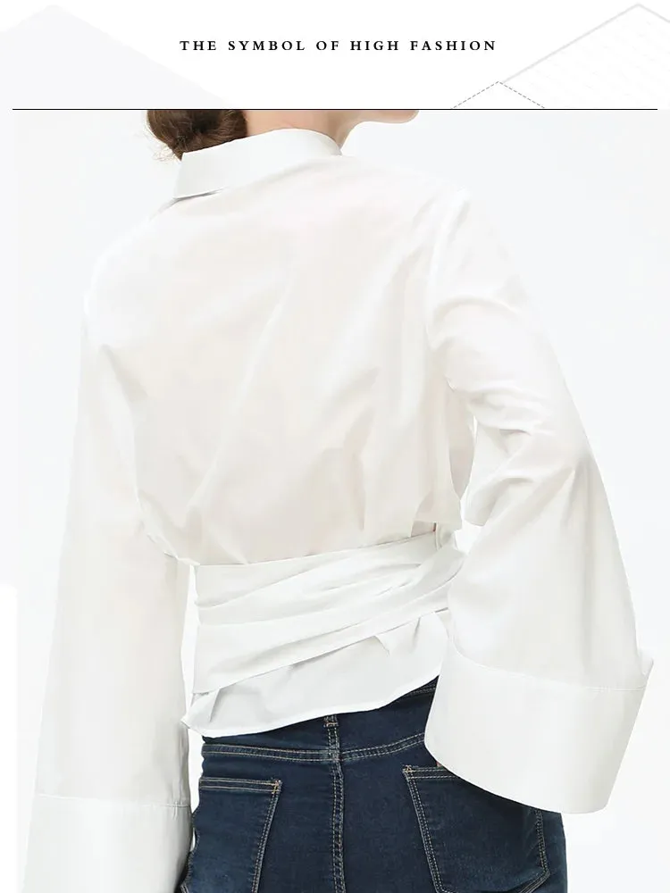 Obsidian Phoenix Long Sleeve Kimono Blouse - Bow Tie, Polo Neck, Double-Breasted Poplin Shirt with Front Buttons