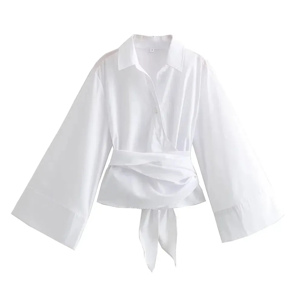 Obsidian Phoenix Long Sleeve Kimono Blouse - Bow Tie, Polo Neck, Double-Breasted Poplin Shirt with Front Buttons