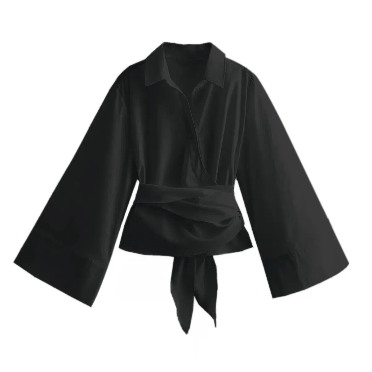 Obsidian Phoenix Long Sleeve Kimono Blouse - Bow Tie, Polo Neck, Double-Breasted Poplin Shirt with Front Buttons