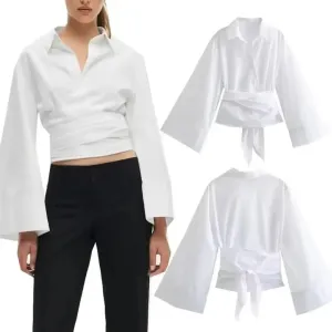 Obsidian Phoenix Long Sleeve Kimono Blouse - Bow Tie, Polo Neck, Double-Breasted Poplin Shirt with Front Buttons