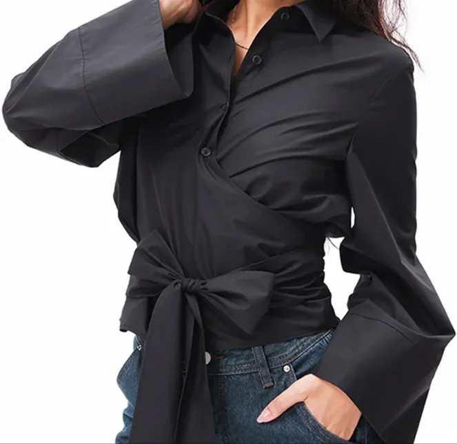 Obsidian Phoenix Long Sleeve Kimono Blouse - Bow Tie, Polo Neck, Double-Breasted Poplin Shirt with Front Buttons