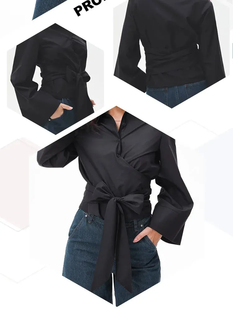 Obsidian Phoenix Long Sleeve Kimono Blouse - Bow Tie, Polo Neck, Double-Breasted Poplin Shirt with Front Buttons