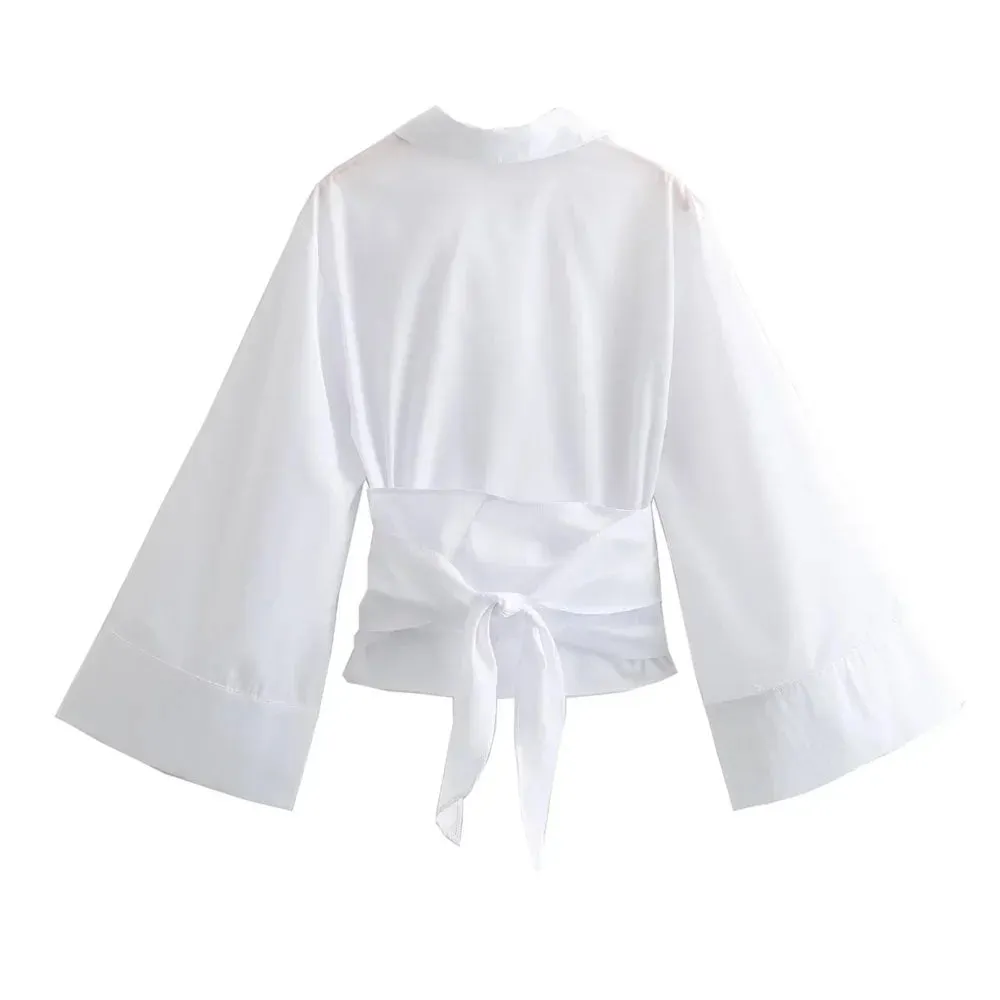 Obsidian Phoenix Long Sleeve Kimono Blouse - Bow Tie, Polo Neck, Double-Breasted Poplin Shirt with Front Buttons