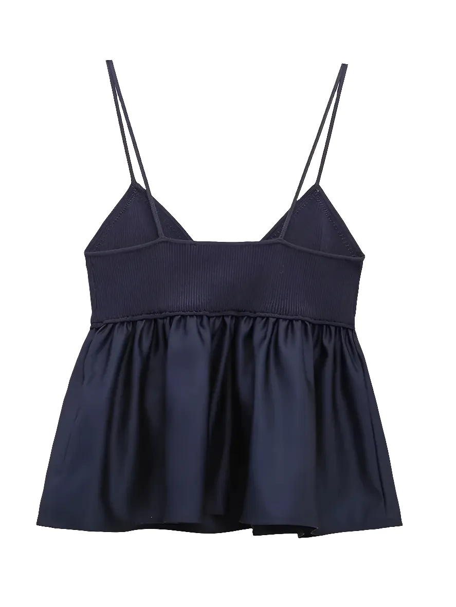 Obsidian Phoenix V-Neck Knit Patchwork Blouse - Pleated Hem, Sling Smock Design, Chic Women's Top