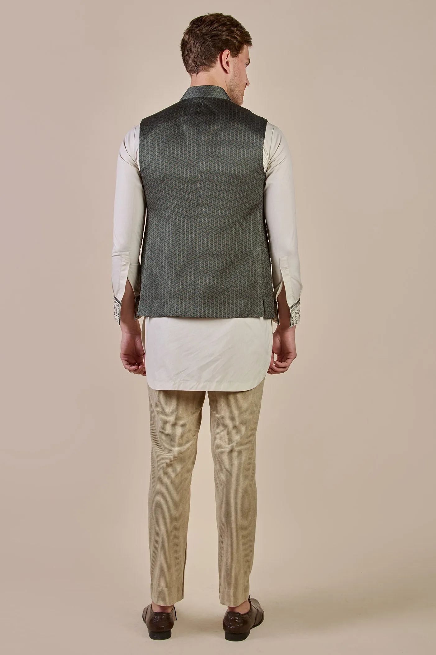 Olive Green Tonal Chevron Nehru Jacket