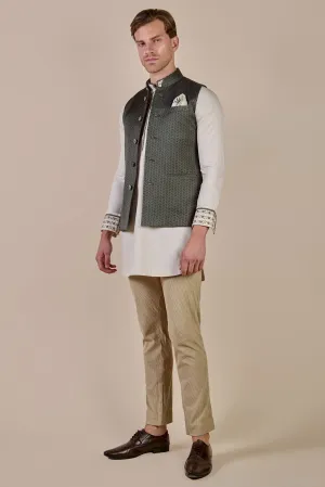Olive Green Tonal Chevron Nehru Jacket