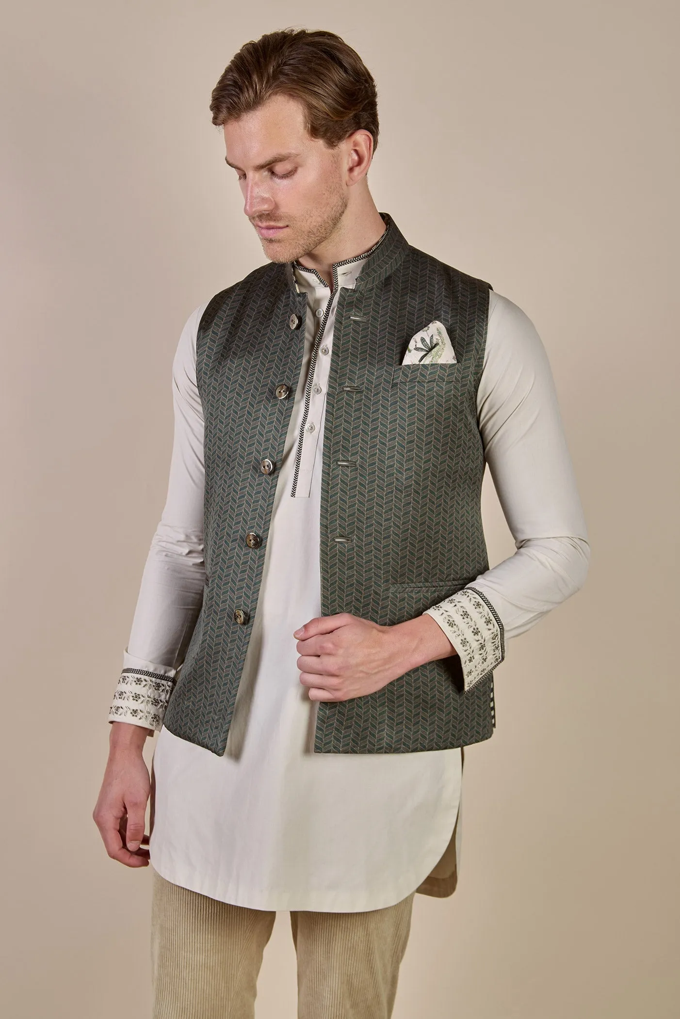 Olive Green Tonal Chevron Nehru Jacket