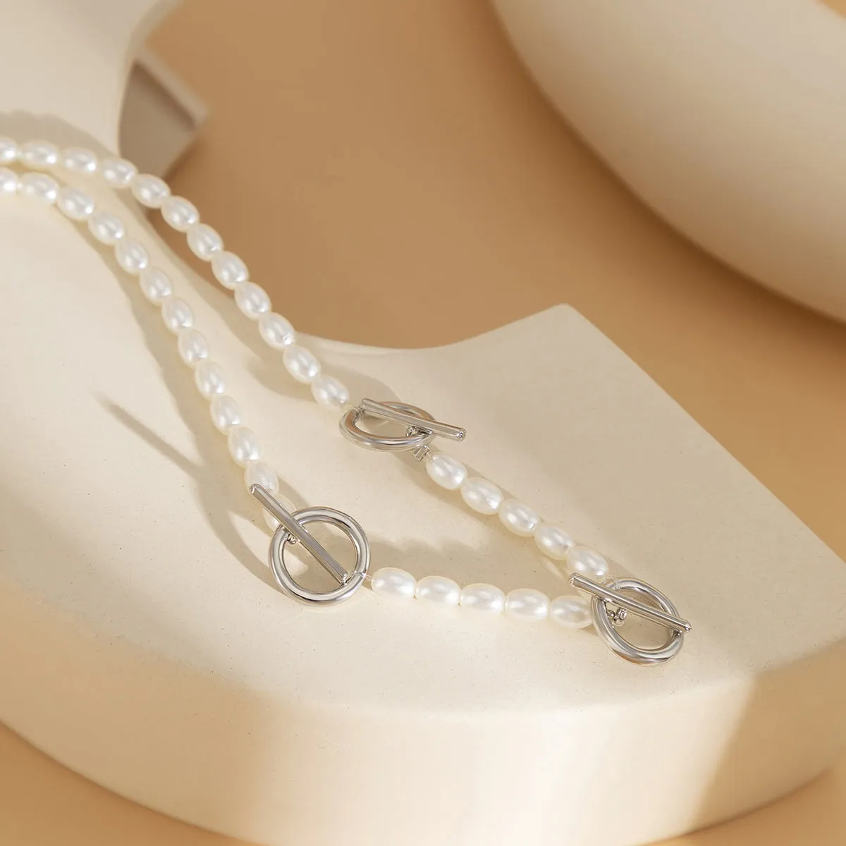 Pearl & Silver-Plated Circle Bar Station Necklace