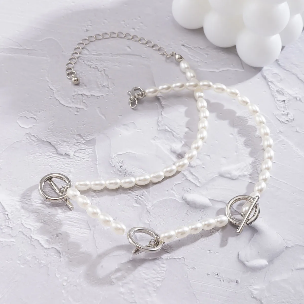 Pearl & Silver-Plated Circle Bar Station Necklace