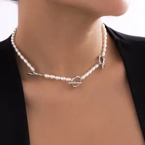 Pearl & Silver-Plated Circle Bar Station Necklace
