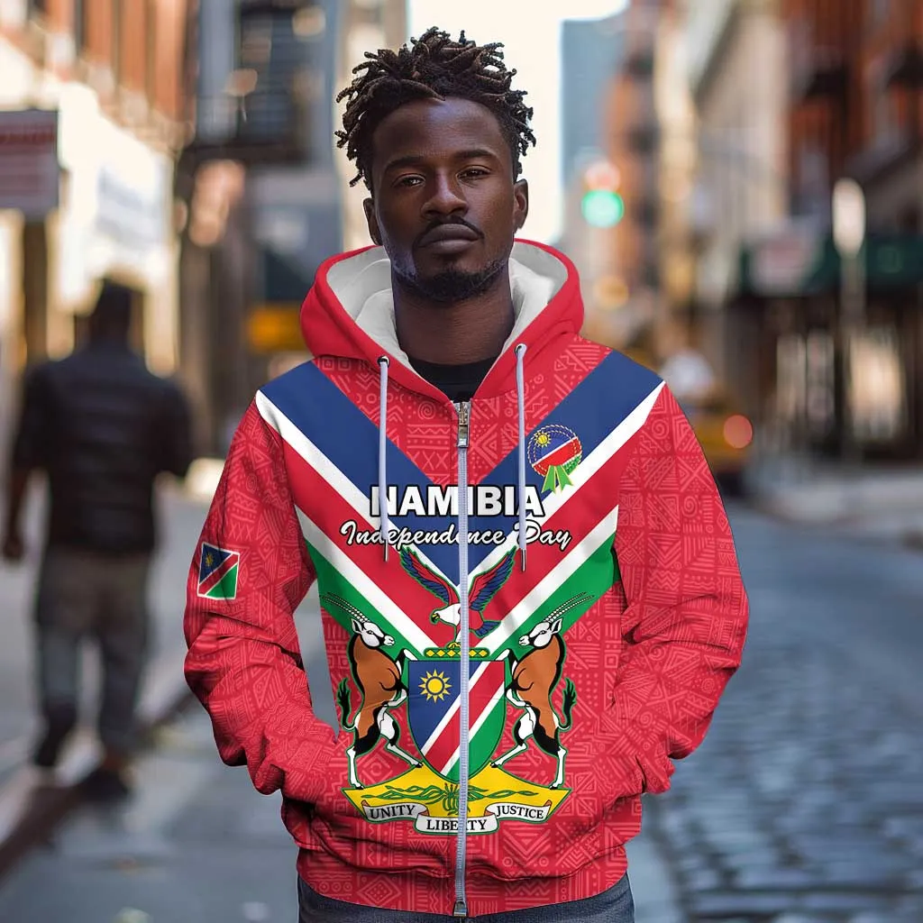 Personalised Namibia Zip Hoodie Coat Of Arms With Flag Map - Happy Independence Day LT15