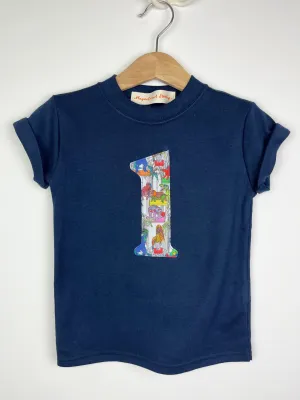 Personalised or Age Navy T-Shirt in Dinosaur Liberty Print