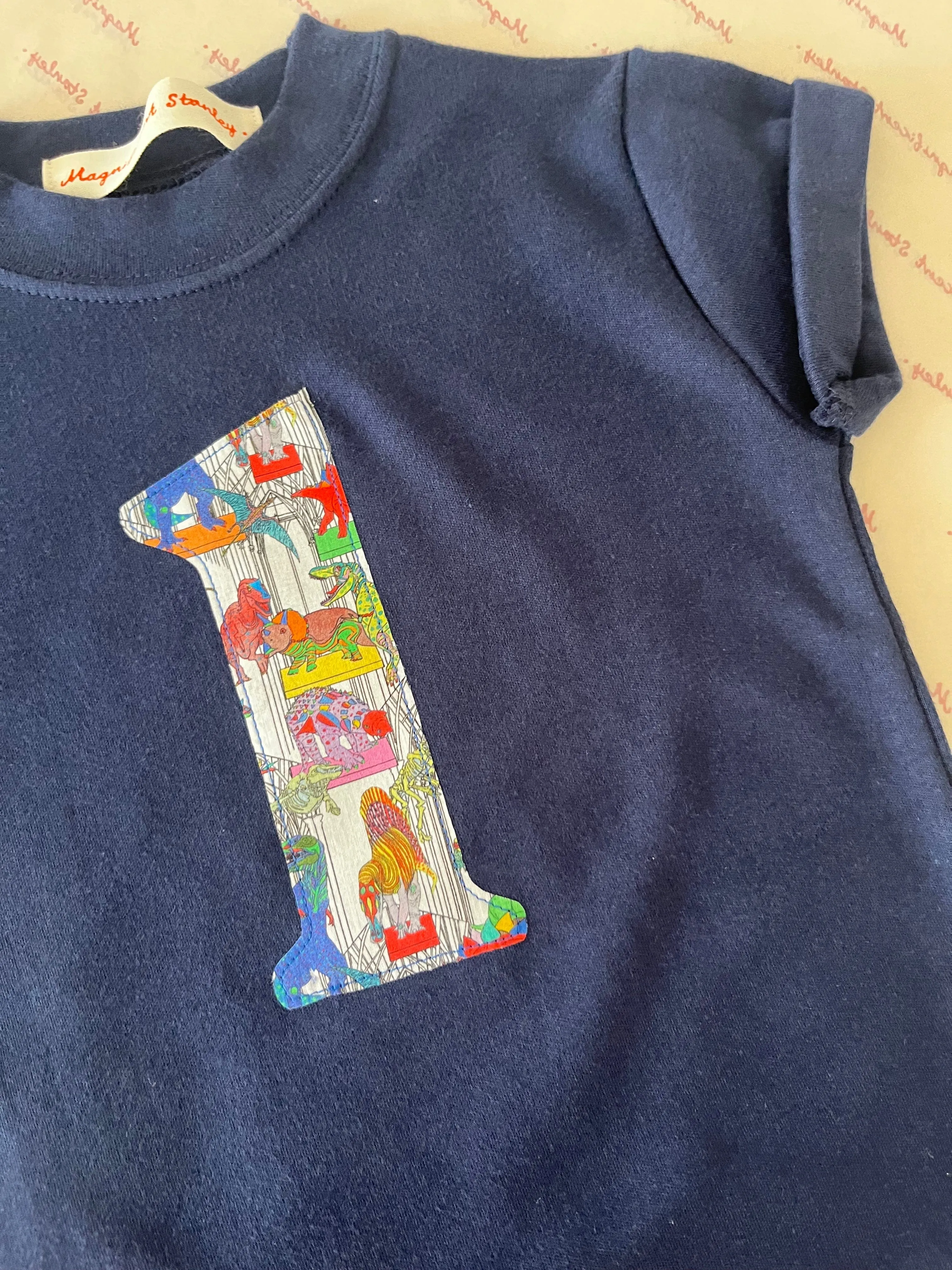 Personalised or Age Navy T-Shirt in Dinosaur Liberty Print