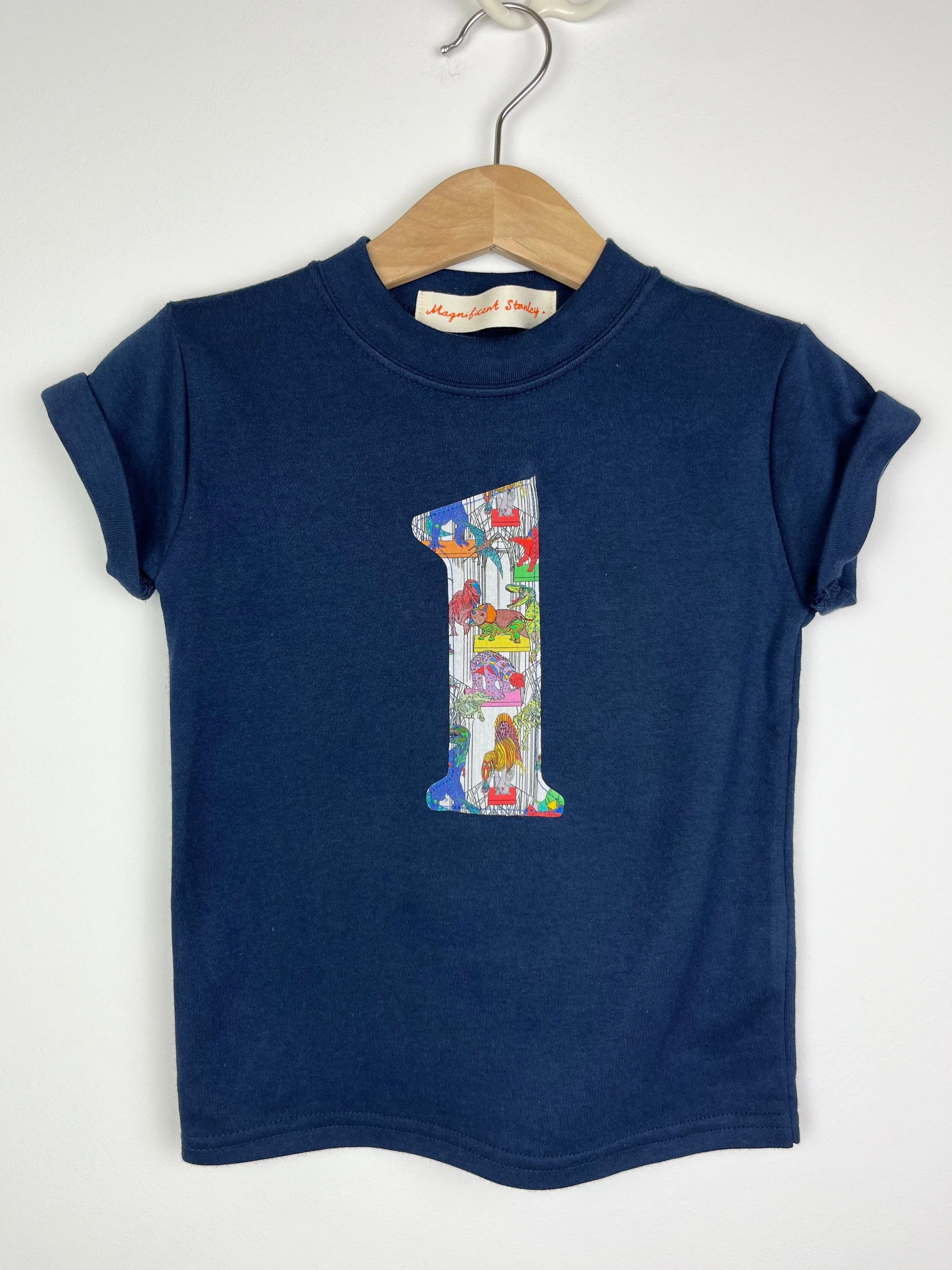 Personalised or Age Navy T-Shirt in Dinosaur Liberty Print