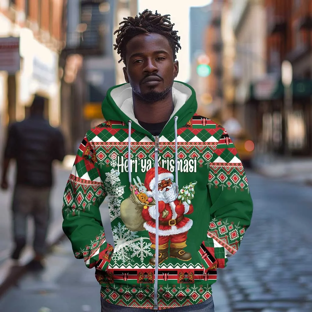 Personalized Afro Kenya Christmas Zip Hoodie African Santa -  Folk Pattern LT18