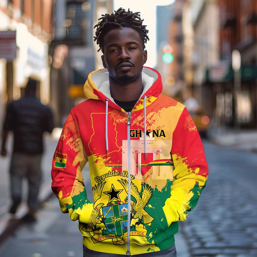 Personalized Ghana Republic Day Zip Hoodie Black Star Square - Grunge Style LT15
