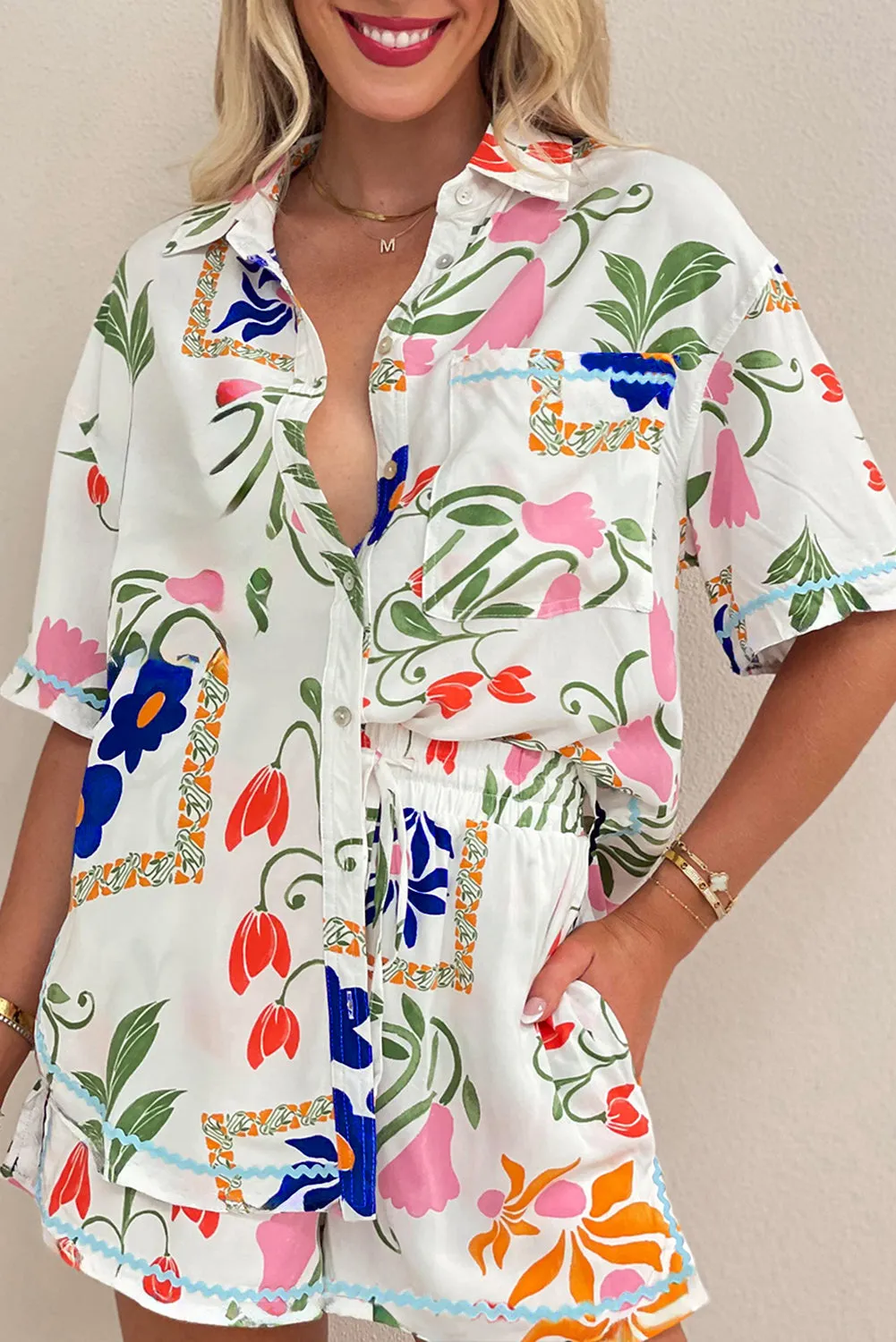 Pink Ricrac Trim Floral Short Sleeve Shirt and Shorts Outfit