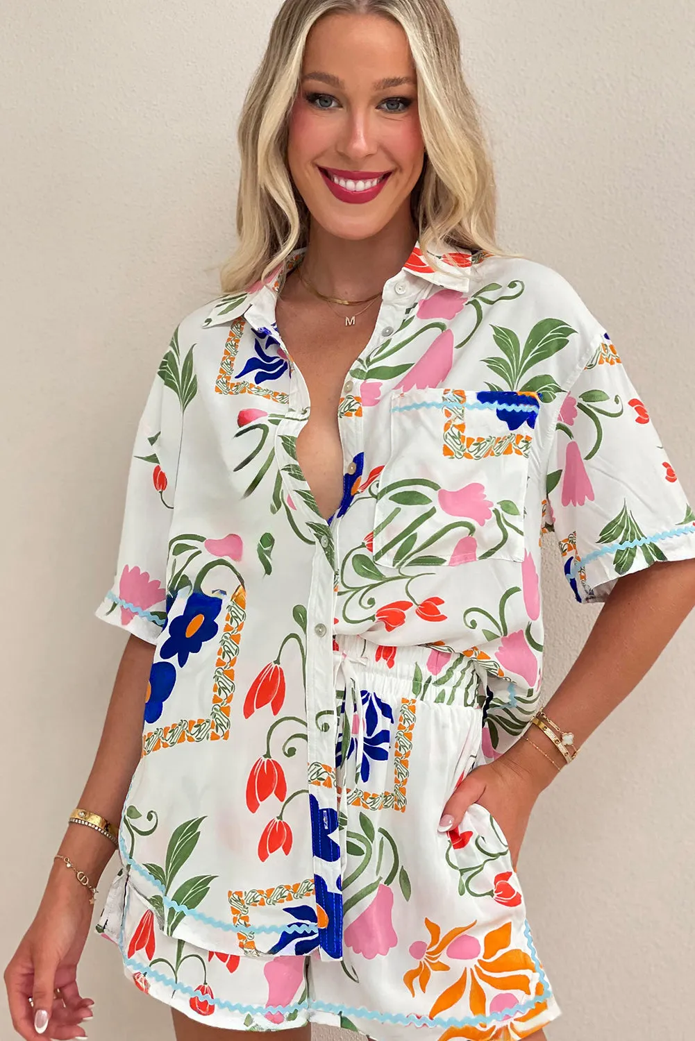 Pink Ricrac Trim Floral Short Sleeve Shirt and Shorts Outfit