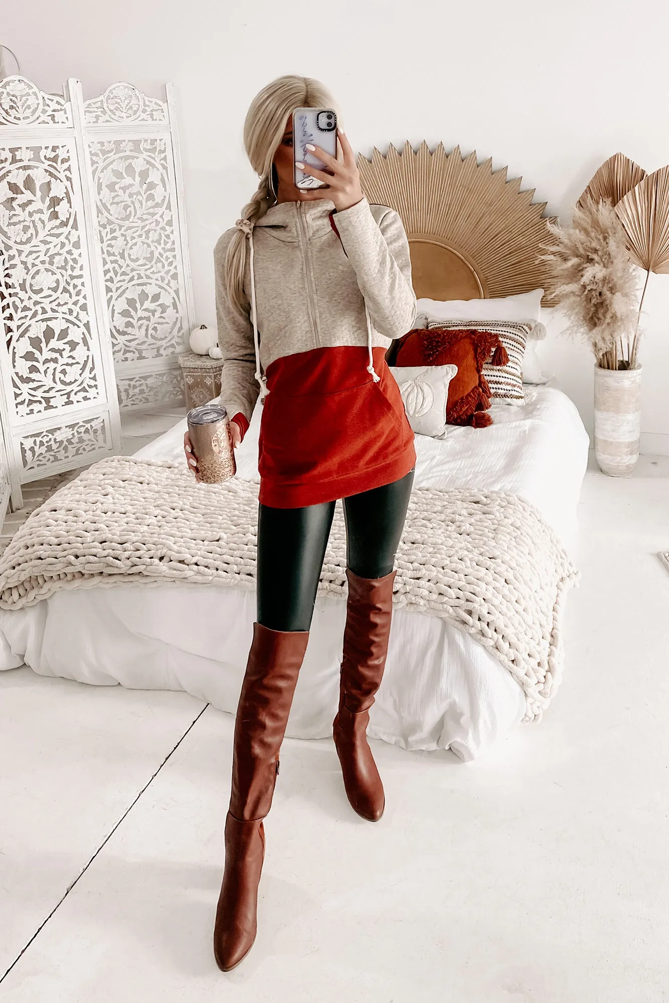 Playing The Field Quilted Half-Zip Hoodie (Rust)