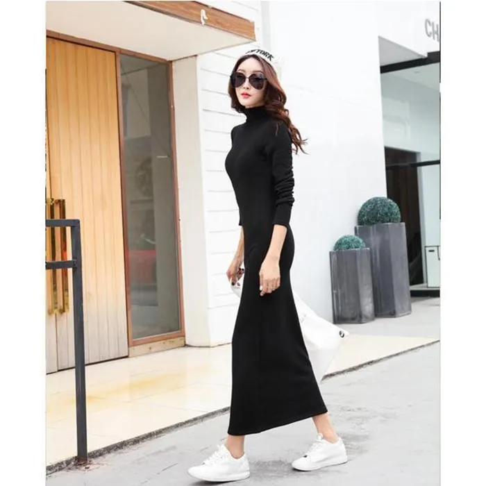 Plus Velvet Thick Warm Dress Winter Long-sleeved Half-high Collar Ladies Long Skirt Slim Over-the-knee Bottoming Bag Hip Skirt