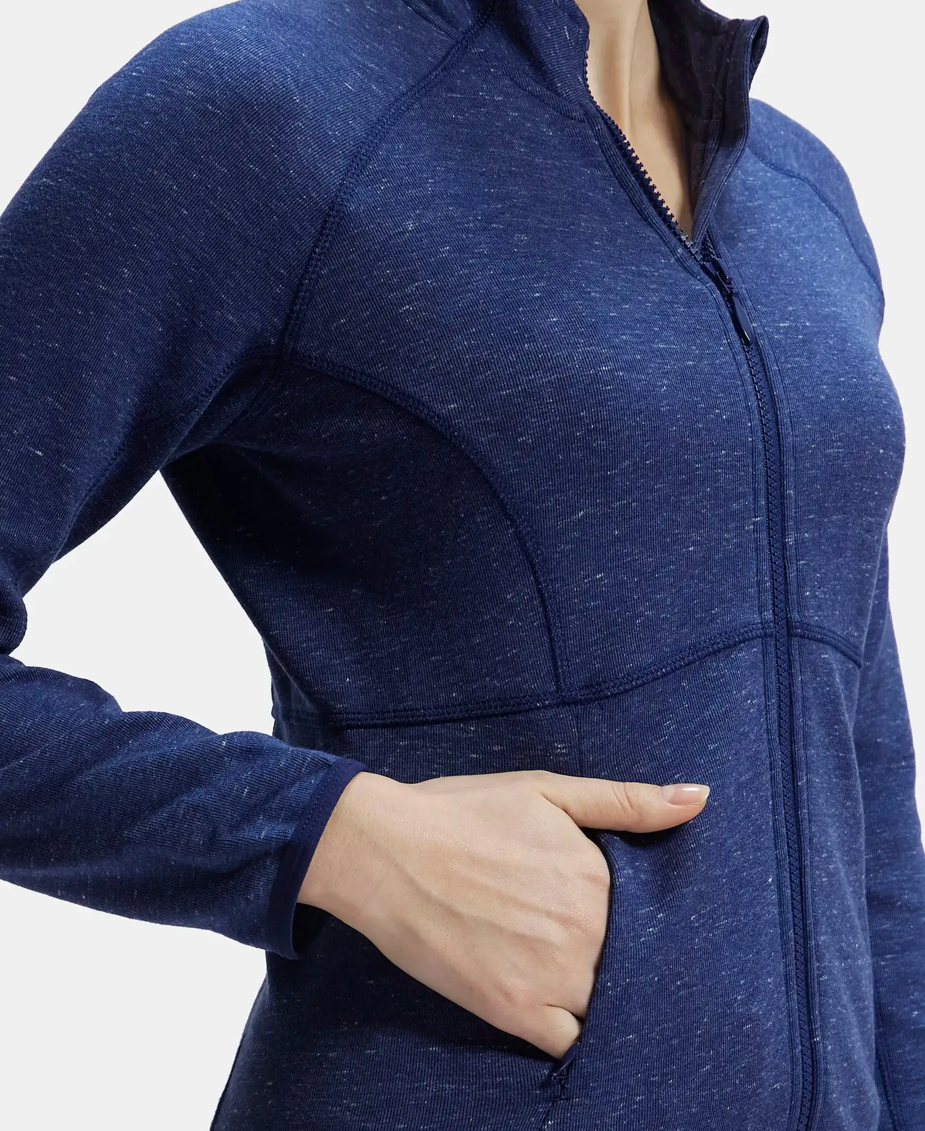 Polyester Cotton Interlock Slim Fit Full Zip High Neck Jacket with Convenient Zipper Pockets - Imperal Blue Snow Melange
