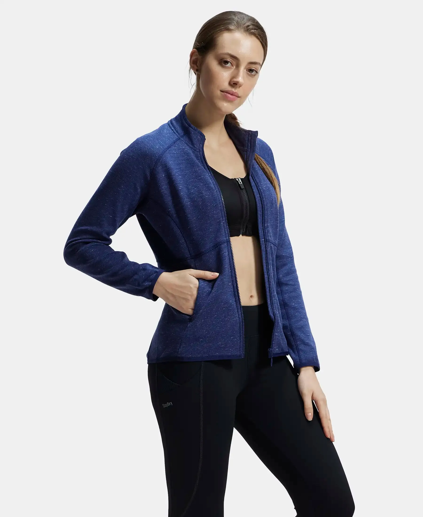 Polyester Cotton Interlock Slim Fit Full Zip High Neck Jacket with Convenient Zipper Pockets - Imperal Blue Snow Melange