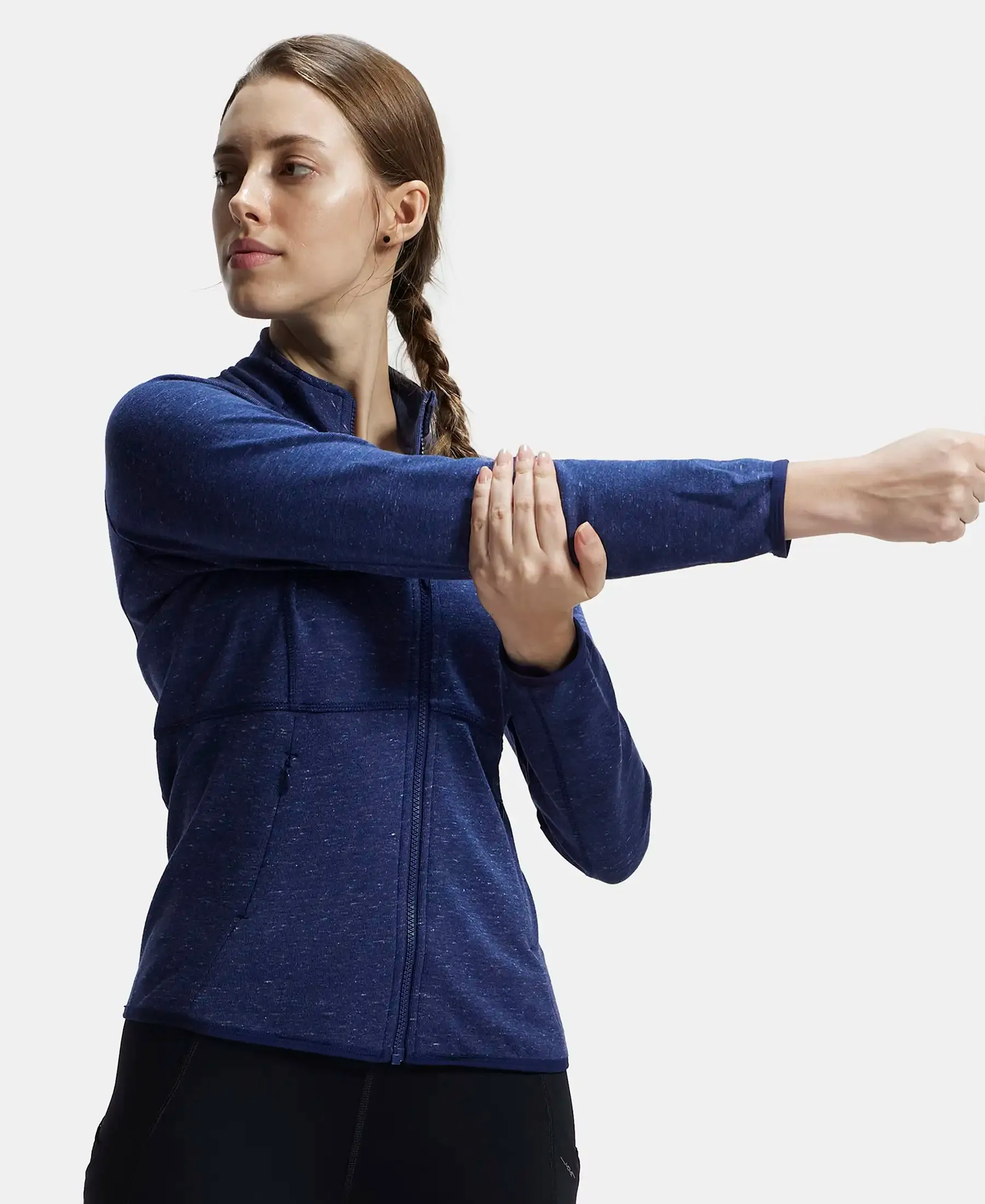 Polyester Cotton Interlock Slim Fit Full Zip High Neck Jacket with Convenient Zipper Pockets - Imperal Blue Snow Melange