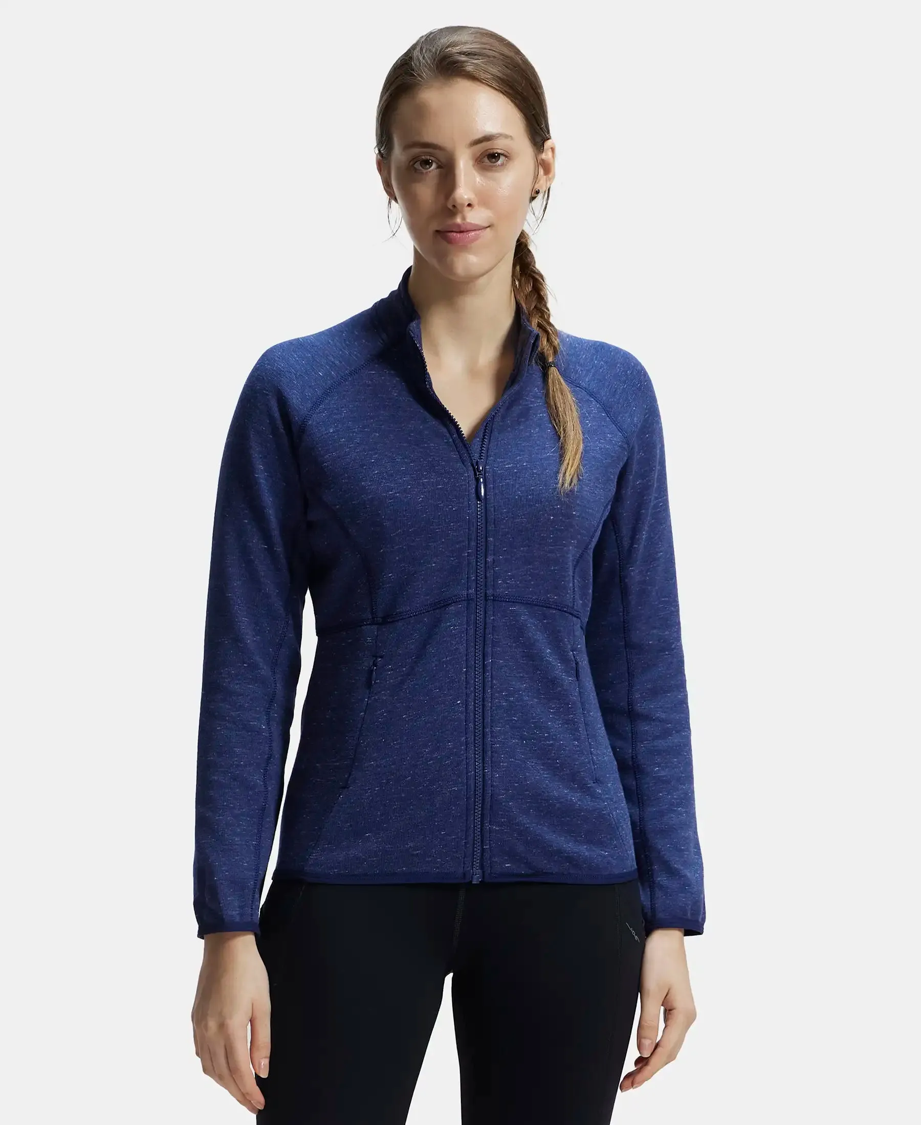 Polyester Cotton Interlock Slim Fit Full Zip High Neck Jacket with Convenient Zipper Pockets - Imperal Blue Snow Melange