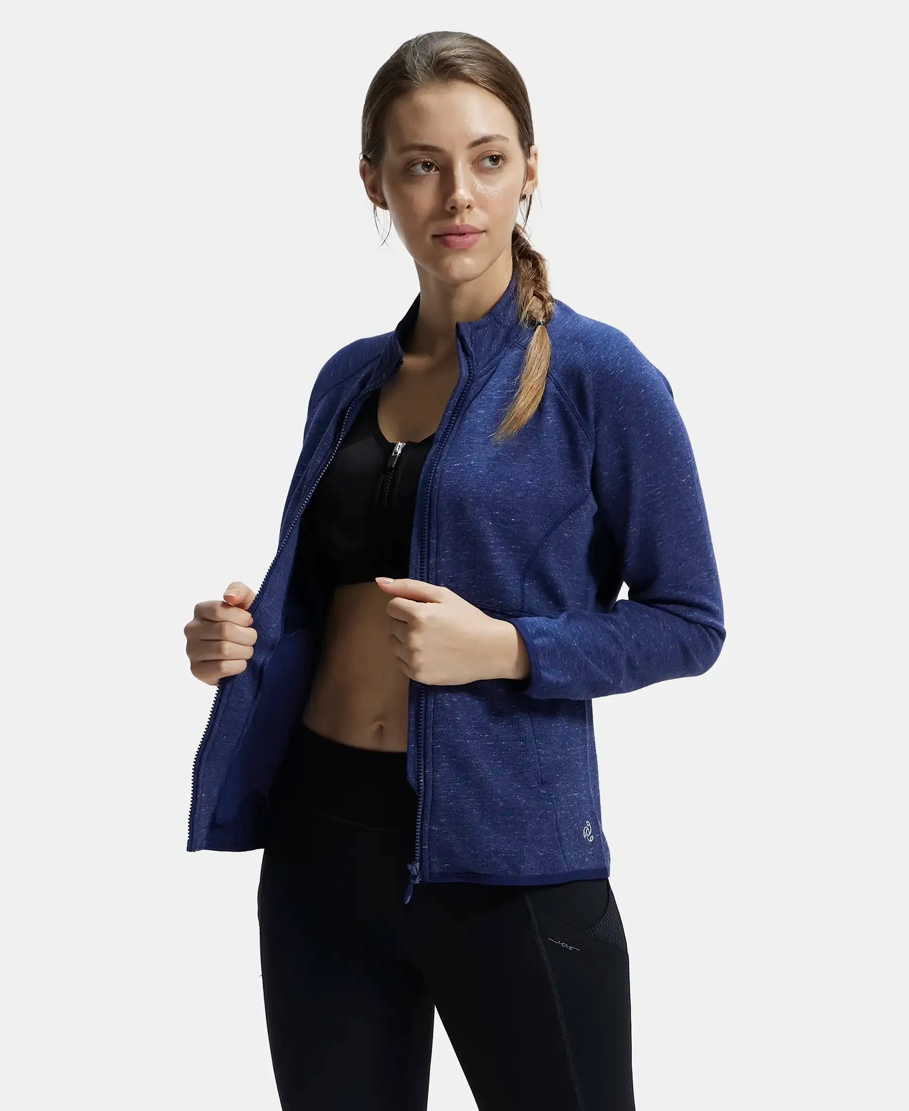 Polyester Cotton Interlock Slim Fit Full Zip High Neck Jacket with Convenient Zipper Pockets - Imperal Blue Snow Melange