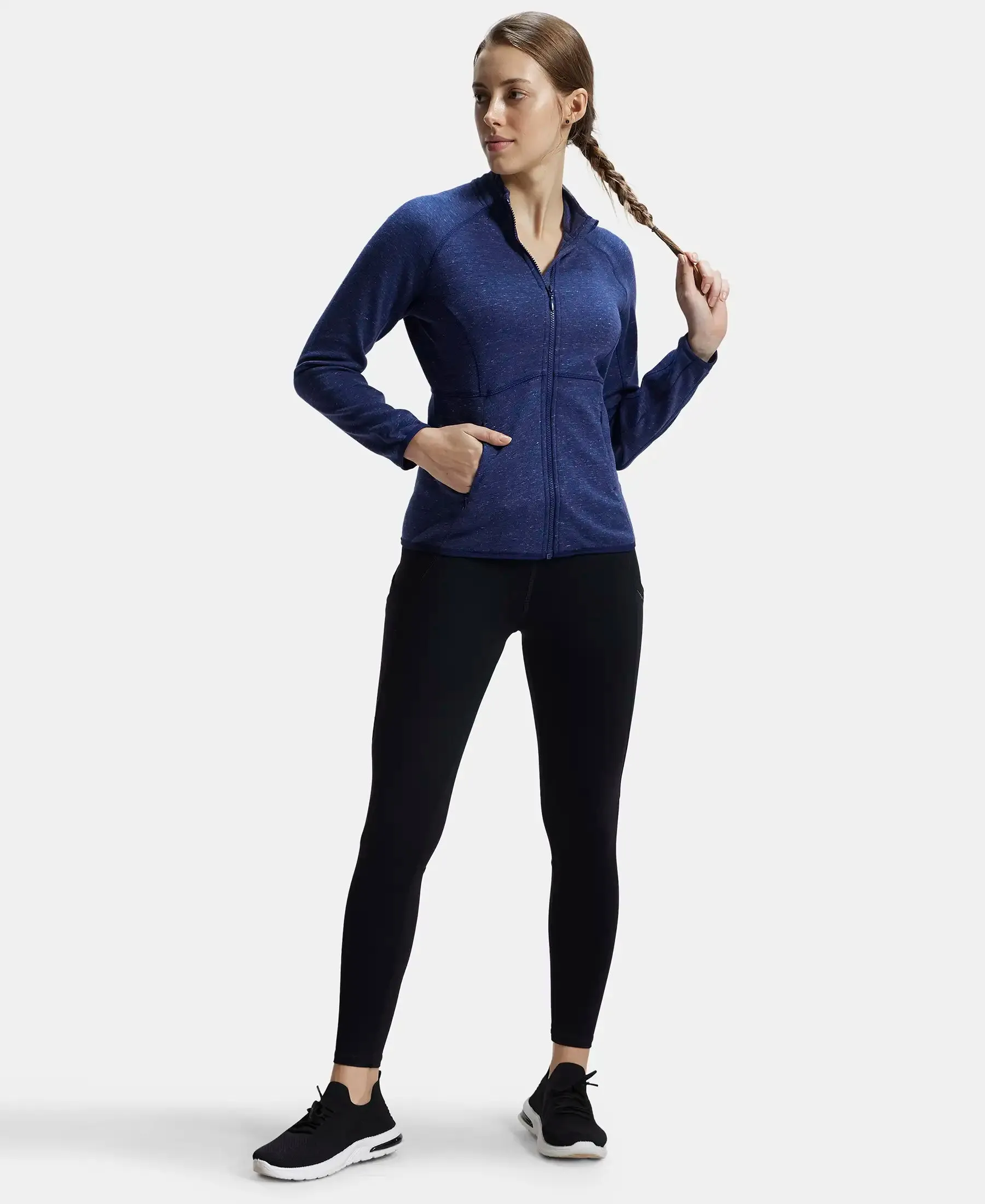 Polyester Cotton Interlock Slim Fit Full Zip High Neck Jacket with Convenient Zipper Pockets - Imperal Blue Snow Melange