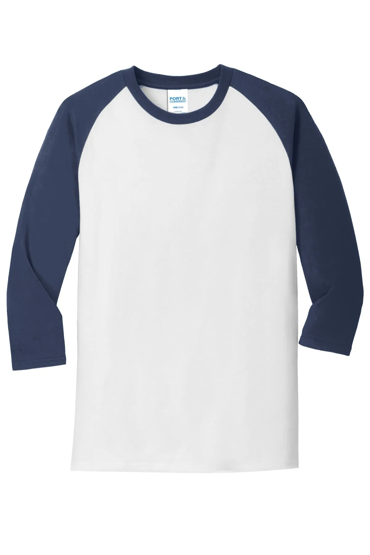 Port & Company Core Blend 3/4-Sleeve Raglan Tee. PC55RS White/ Navy