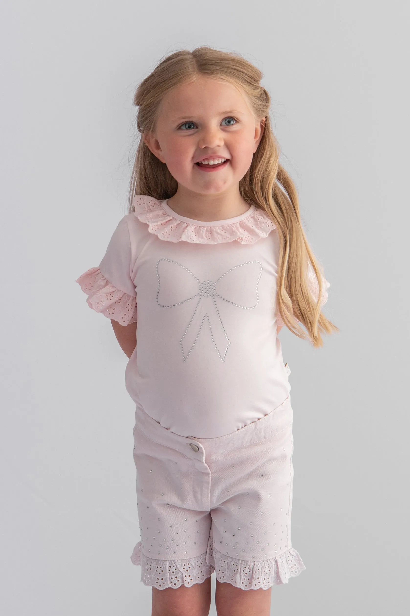 "Anna" Pink Broderie Anglaise Diamanté Bow Top