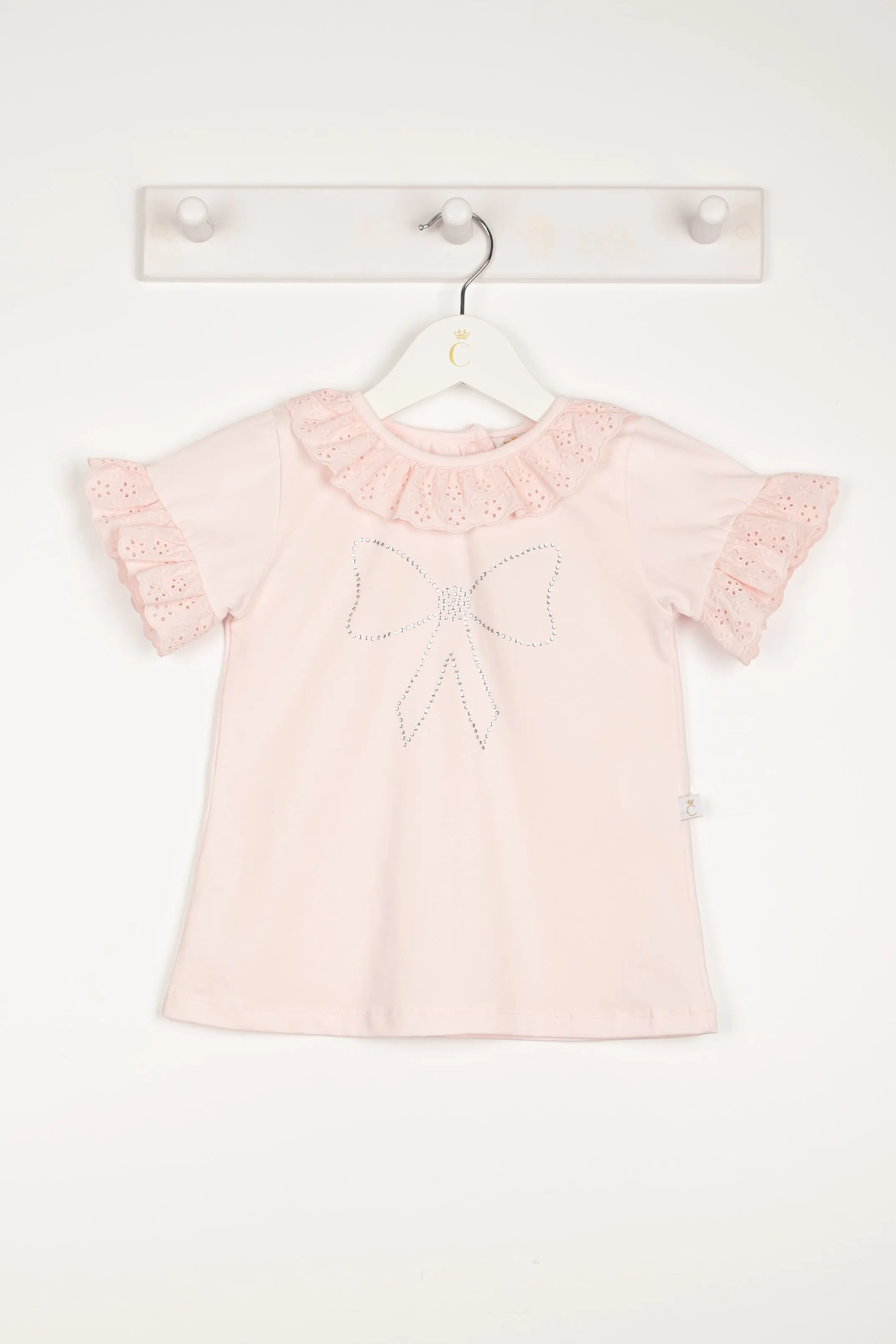 "Anna" Pink Broderie Anglaise Diamanté Bow Top