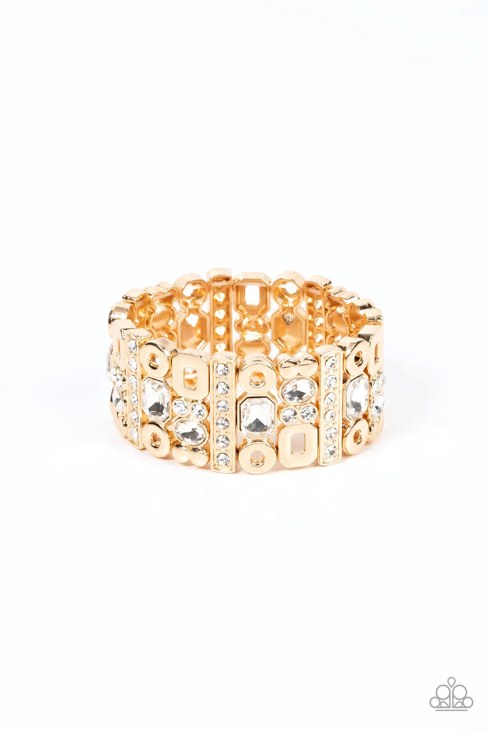 "Dynamically Diverse" Gold Metal Hematite & White Rhinestone Geometric Stretch Bracelet