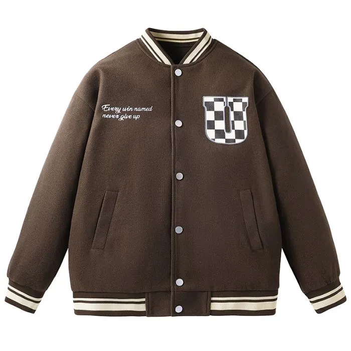 Relaxed-fit Varsity Jacket with Checked Print and Button-up Design