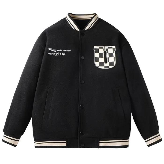 Relaxed-fit Varsity Jacket with Checked Print and Button-up Design