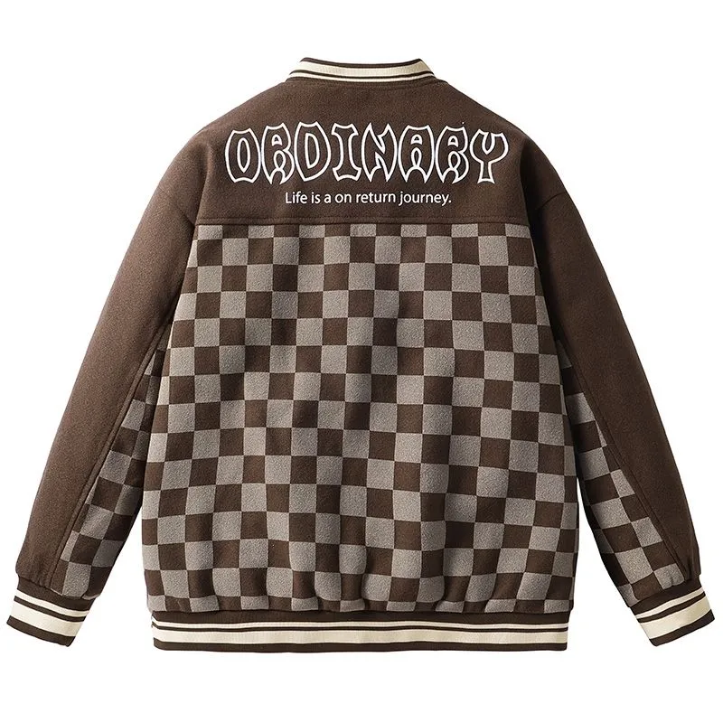 Relaxed-fit Varsity Jacket with Checked Print and Button-up Design