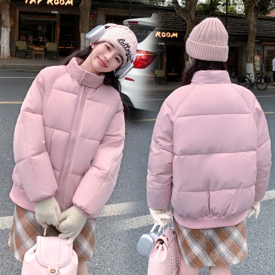 Retro Solid Women's Puffer Jacket with Stand Collar - Perfect for Cold Weather