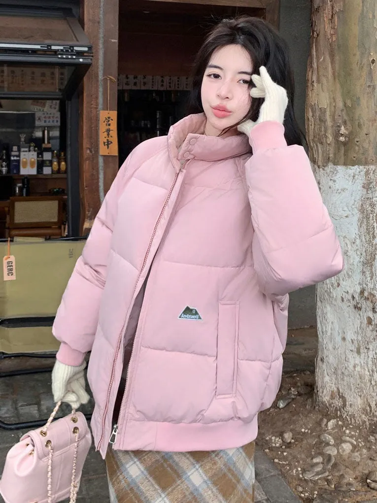 Retro Solid Women's Puffer Jacket with Stand Collar - Perfect for Cold Weather